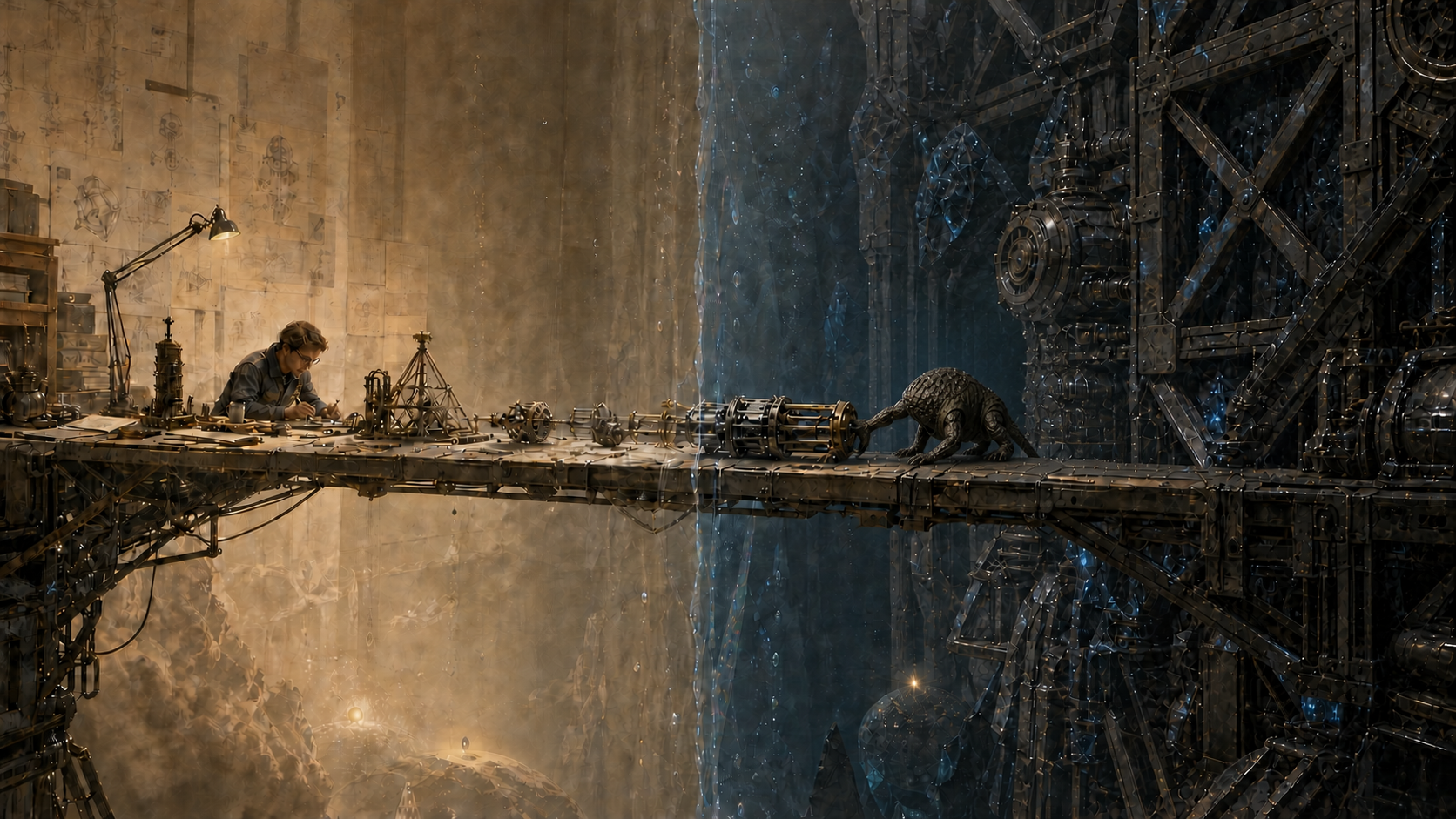 Grace and Rocky work across a metal bridge between their two worlds.