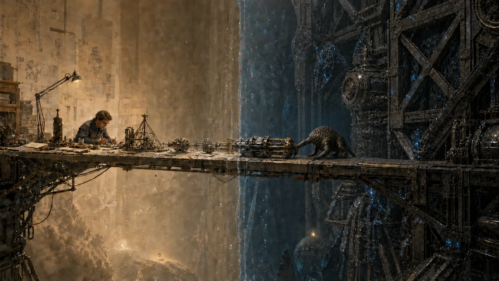 Grace and Rocky work across a metal bridge between their two worlds.
