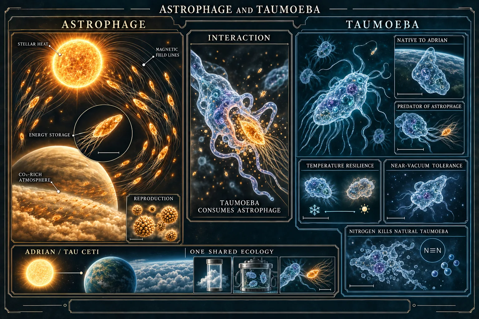 A split museum plate places Astrophage in a warm stellar ecology on the left and Taumoeba in a cool Adrian ecology on the right, with a central interaction panel showing Taumoeba consuming Astrophage and lower panels explaining the predator–prey relationship and the nitrogen problem.
