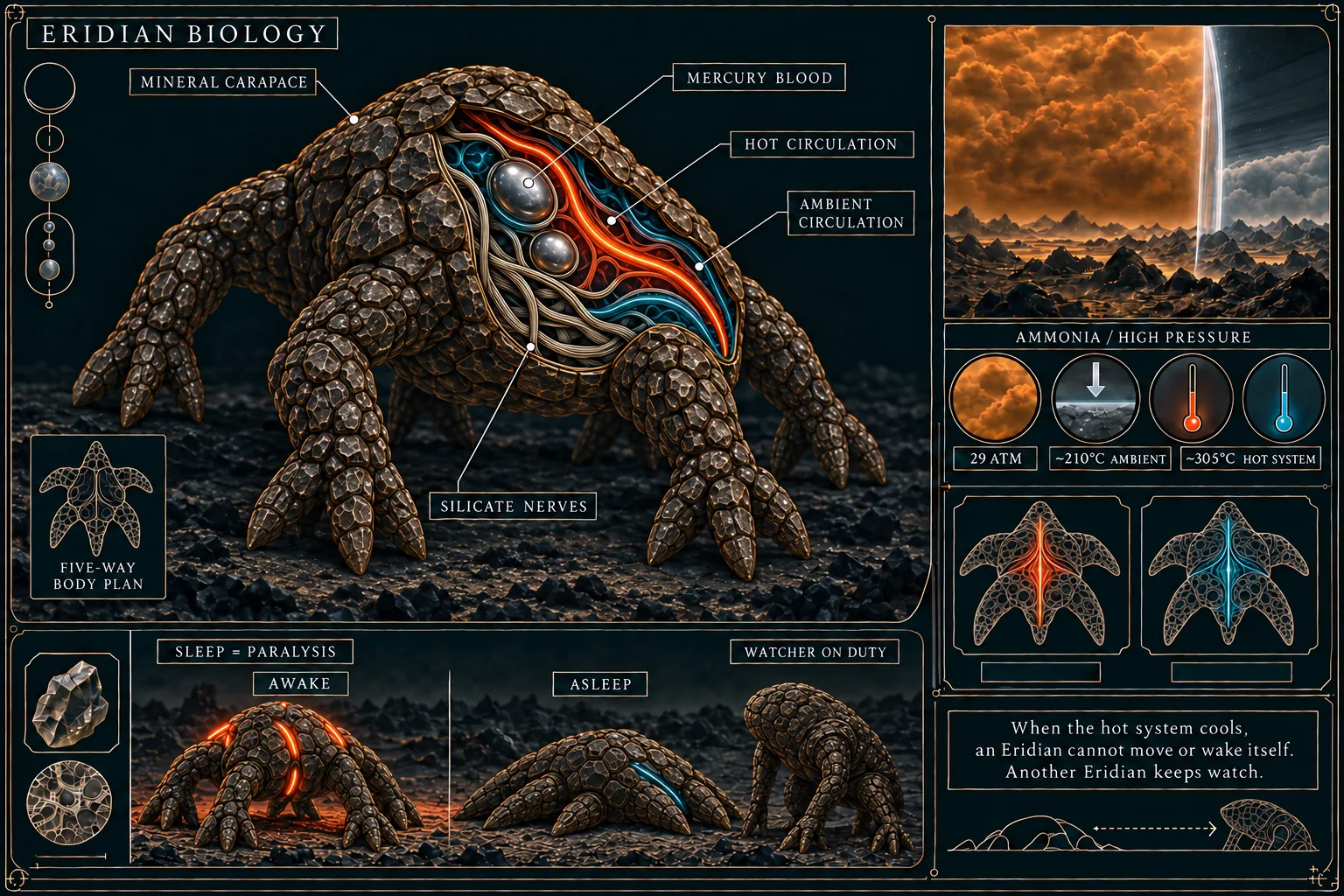 A natural-history plate shows a faceless, craggy five-way Eridian body in volcanic terrain with cutaway labels for mineral carapace, mercury blood, hot and ambient circulation, and silicate nerves; side panels show pressure, temperatures, and awake and asleep states with a watcher nearby.